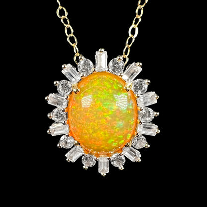 Hazel | Pinfire Ethiopian Opal & White Zircon Halo Necklace in 14k Gold with 14k Chain