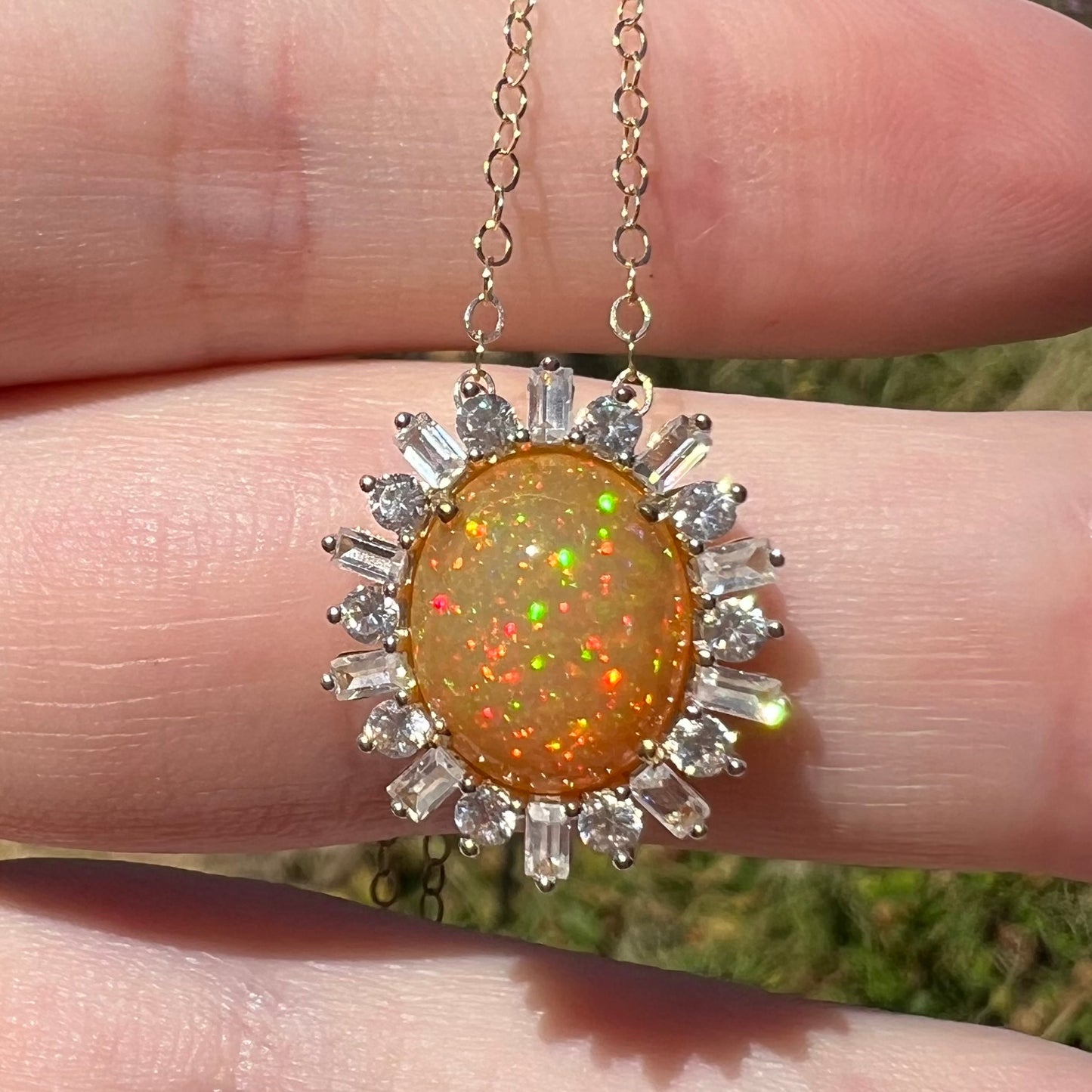 Hazel | Pinfire Ethiopian Opal & White Zircon Halo Necklace in 14k Gold with 14k Chain