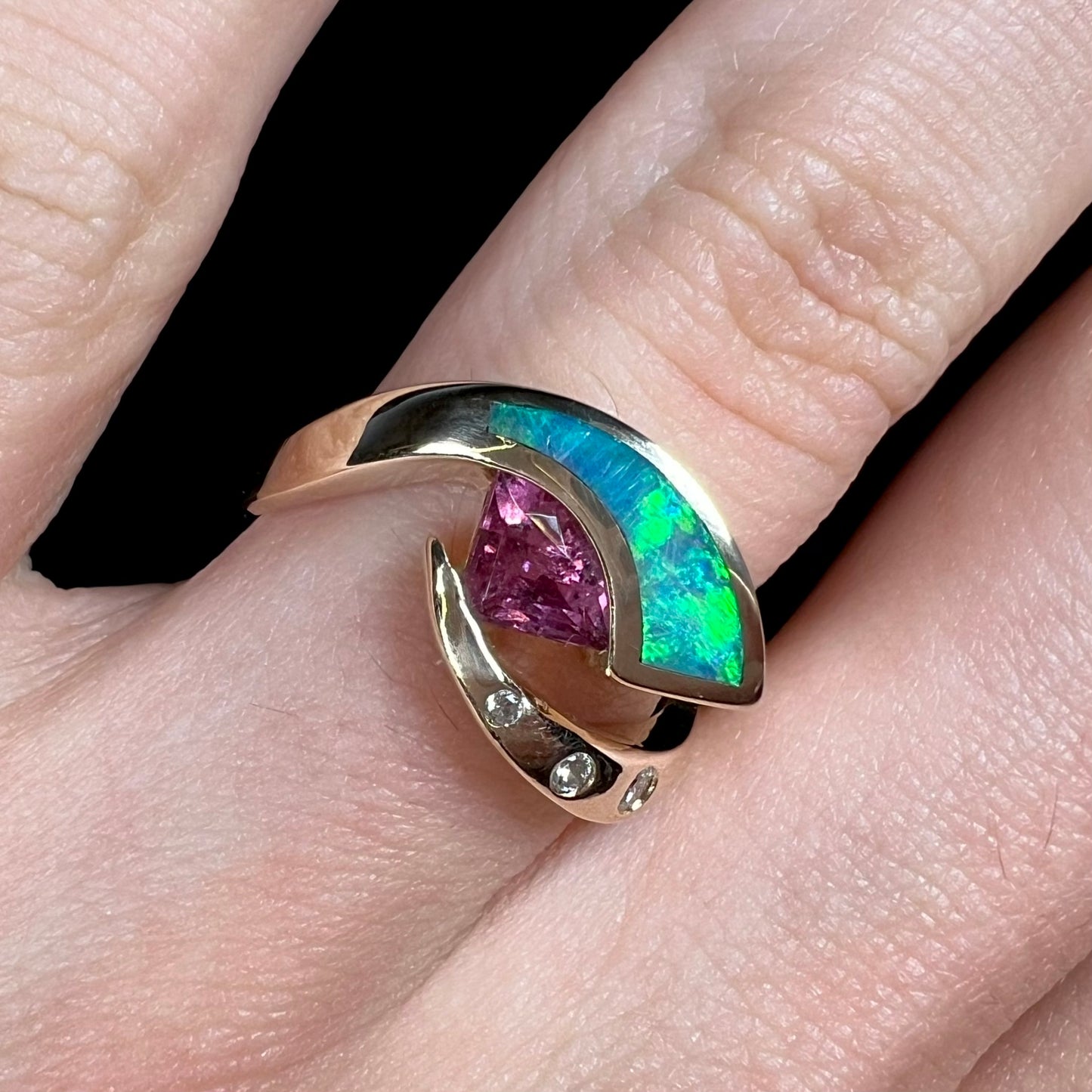 Libra | Retro Pink Tourmaline & Opal Inlay Ring in 14k Gold, c.1980's