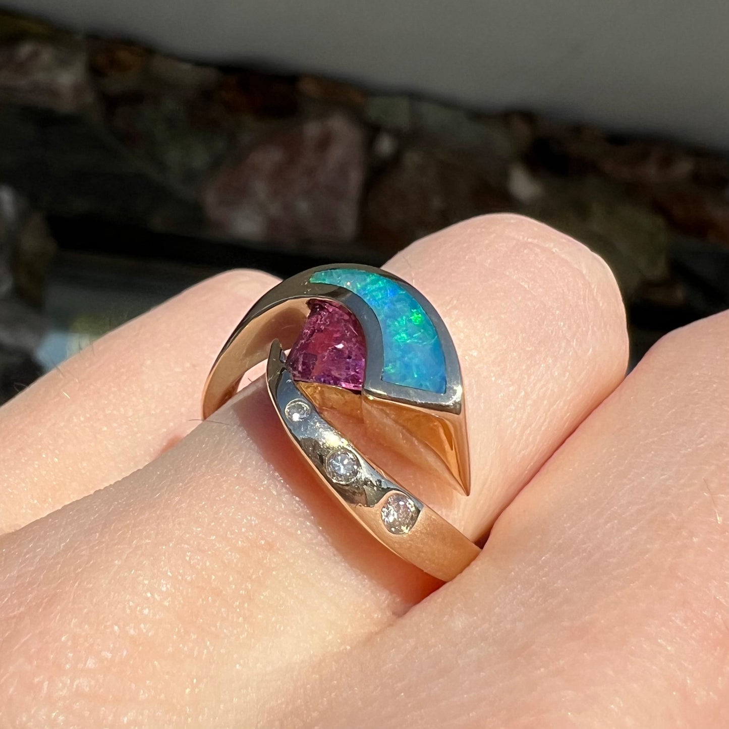 Libra | Retro Pink Tourmaline & Opal Inlay Ring in 14k Gold, c.1980's