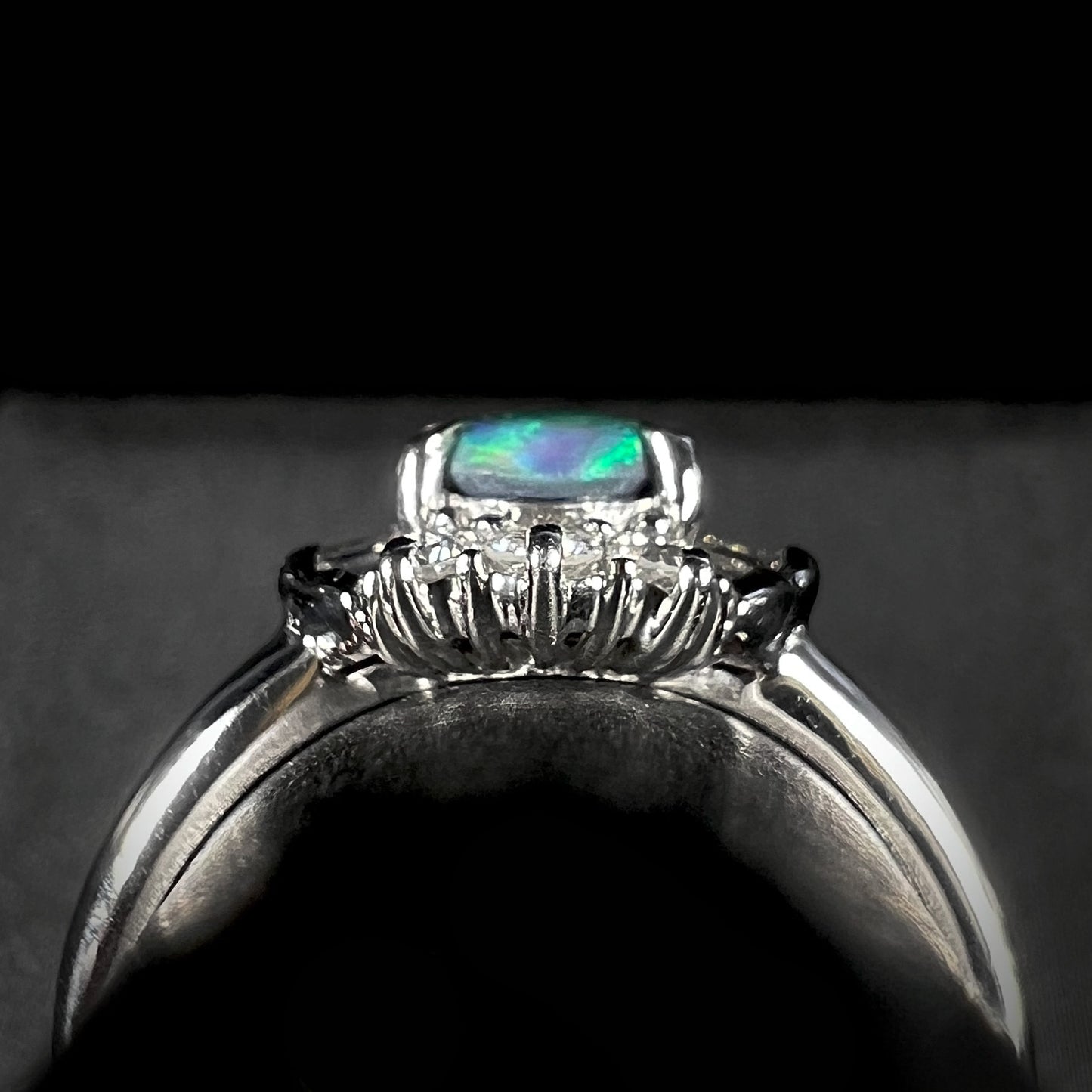 Macro gallery view of platinum black opal engagement ring showcasing the intricate setting and opal color.