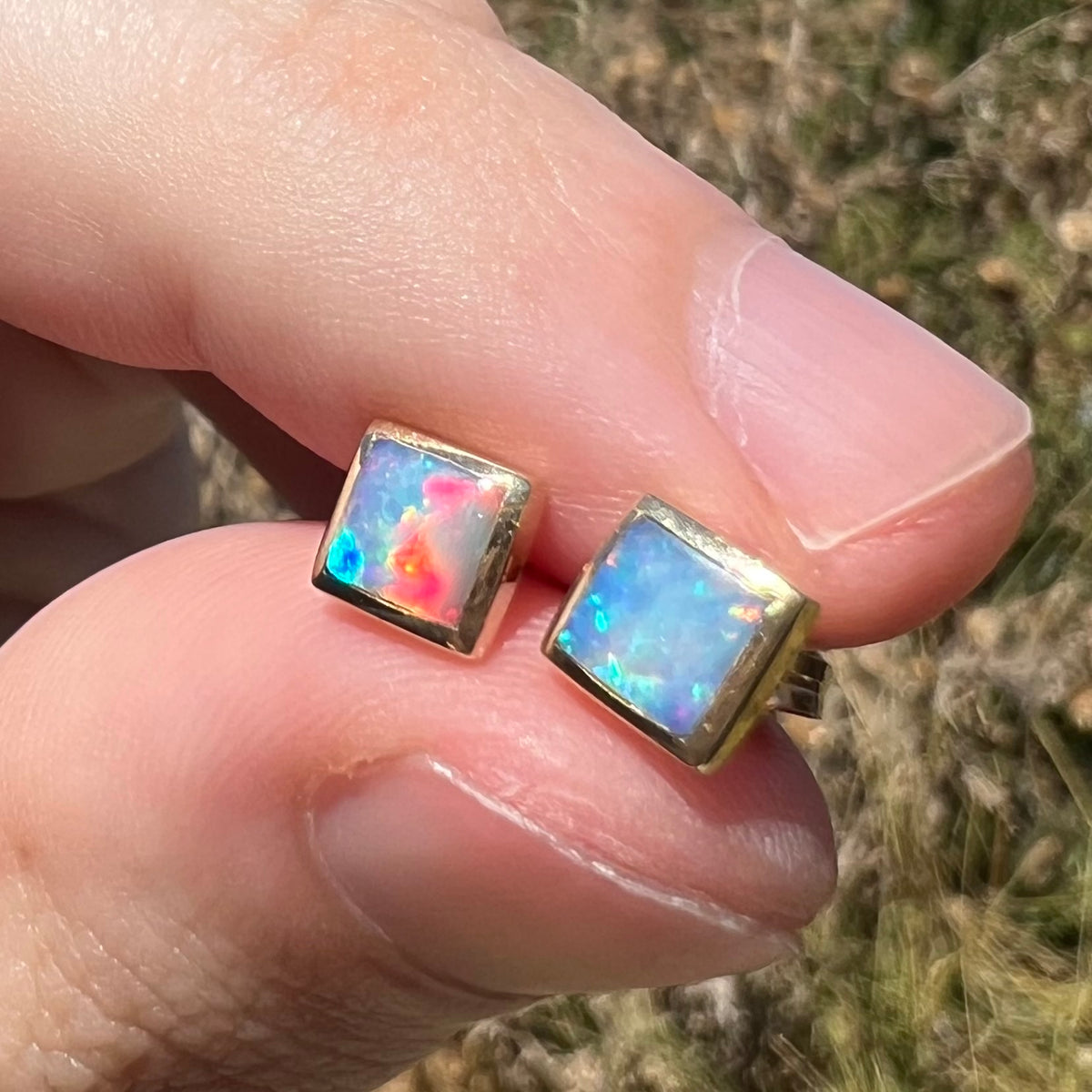 Red flash seen in pair of square shaped opal stud earrings in 14k gold, held between two fingers in sunlight