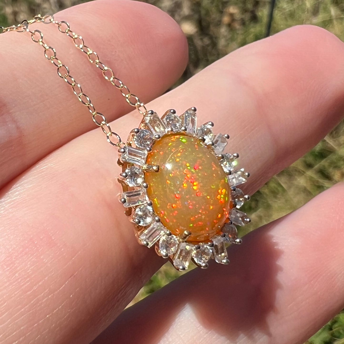 Hazel | Pinfire Ethiopian Opal & White Zircon Halo Necklace in 14k Gold with 14k Chain