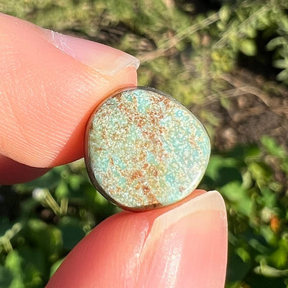 A loose, off-round cabochon cut turquoise stone.  The stone is light blue with a red webbed matrix.