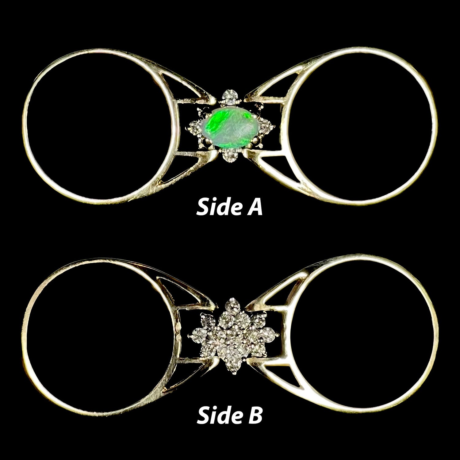 Two different sides shown of reversible 14k gold opal and diamond cluster flip ring on black background with text denoting "Side A" and "Side B"
