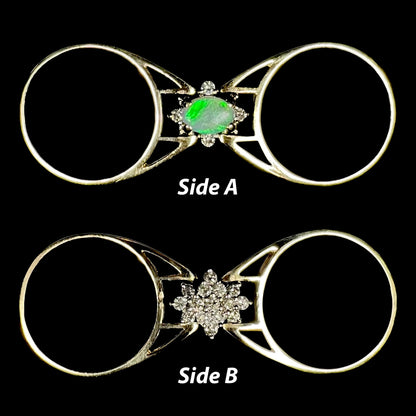 Two different sides shown of reversible 14k gold opal and diamond cluster flip ring on black background with text denoting "Side A" and "Side B"