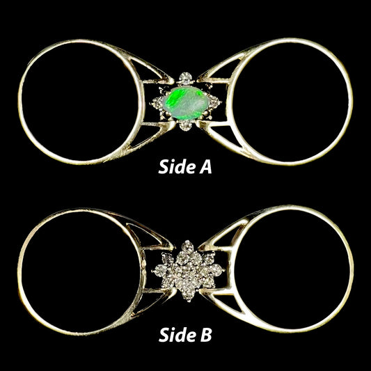 Two different sides shown of reversible 14k gold opal and diamond cluster flip ring on black background with text denoting "Side A" and "Side B"