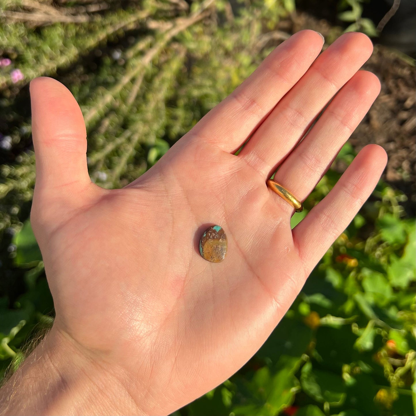 A freeform pear shaped Royston turquoise stone.  The stone is predominantly brown matrix with green turquoise around the edges.