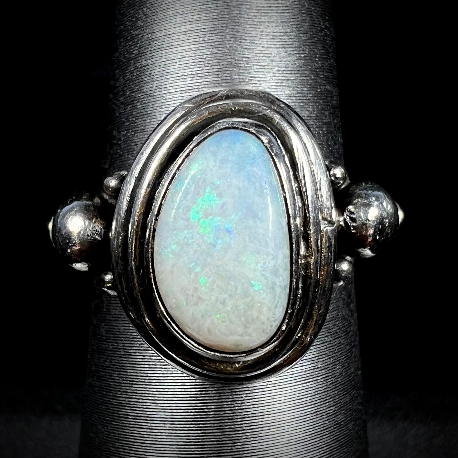 A handmade Boho-style sterling silver opal ring set with an Australian opal shown from the front.