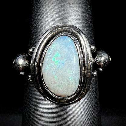 A handmade Boho-style sterling silver opal ring set with an Australian opal shown from the front.