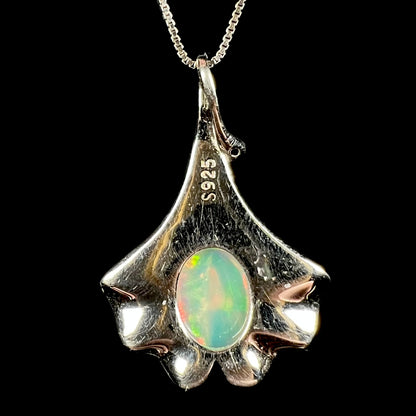 Back side of sterling silver ginko leaf opal pendant showing "S925" hallmark stamp