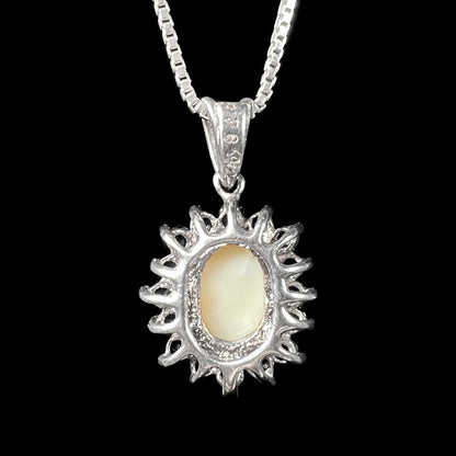 The back of a silver opal necklace, revealing the open setting where the opal is visible from behind.