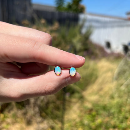 Small blue natural opal stud earrings in white gold held between fingers in sunlight against blurred outdoor background.