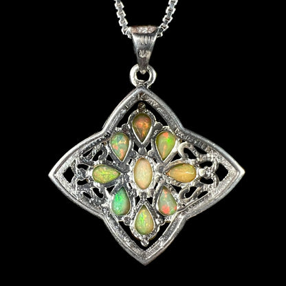 Back side of a sterling silver Ethiopian opal pendant, shown on a box-style chain against a black backdrop.