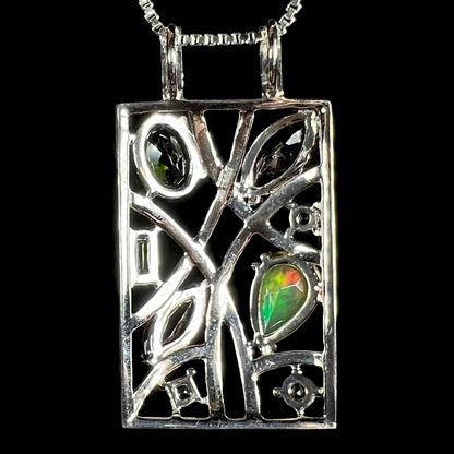 Back side of a sterling silver multi-gemstone Ethiopian opal and tourmaline necklace.