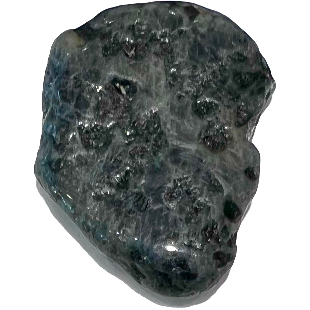 A tumble polished blue corundum stone.  The material is near black with a dark blue tint.