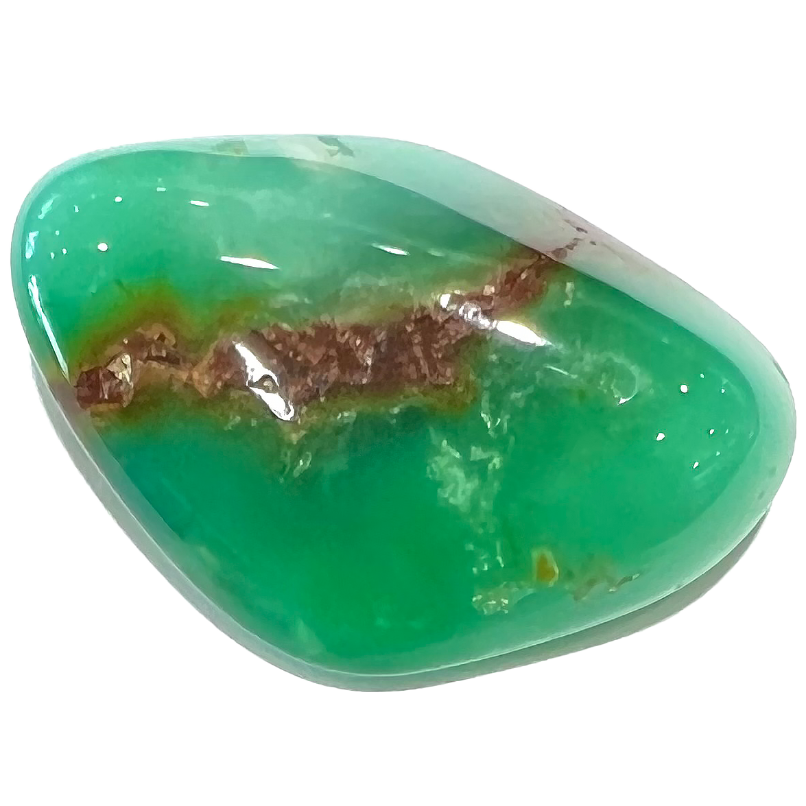 A tumbled green Australian chrysoprase stone.  A brown stripe of ironstone matrix runs through the stone.