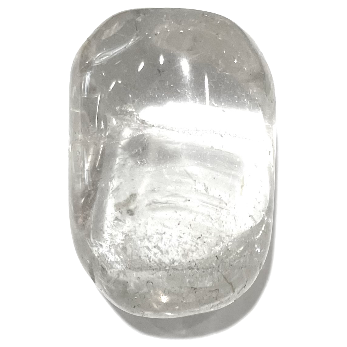 A tumble polished piece of colorless, clear quartz.