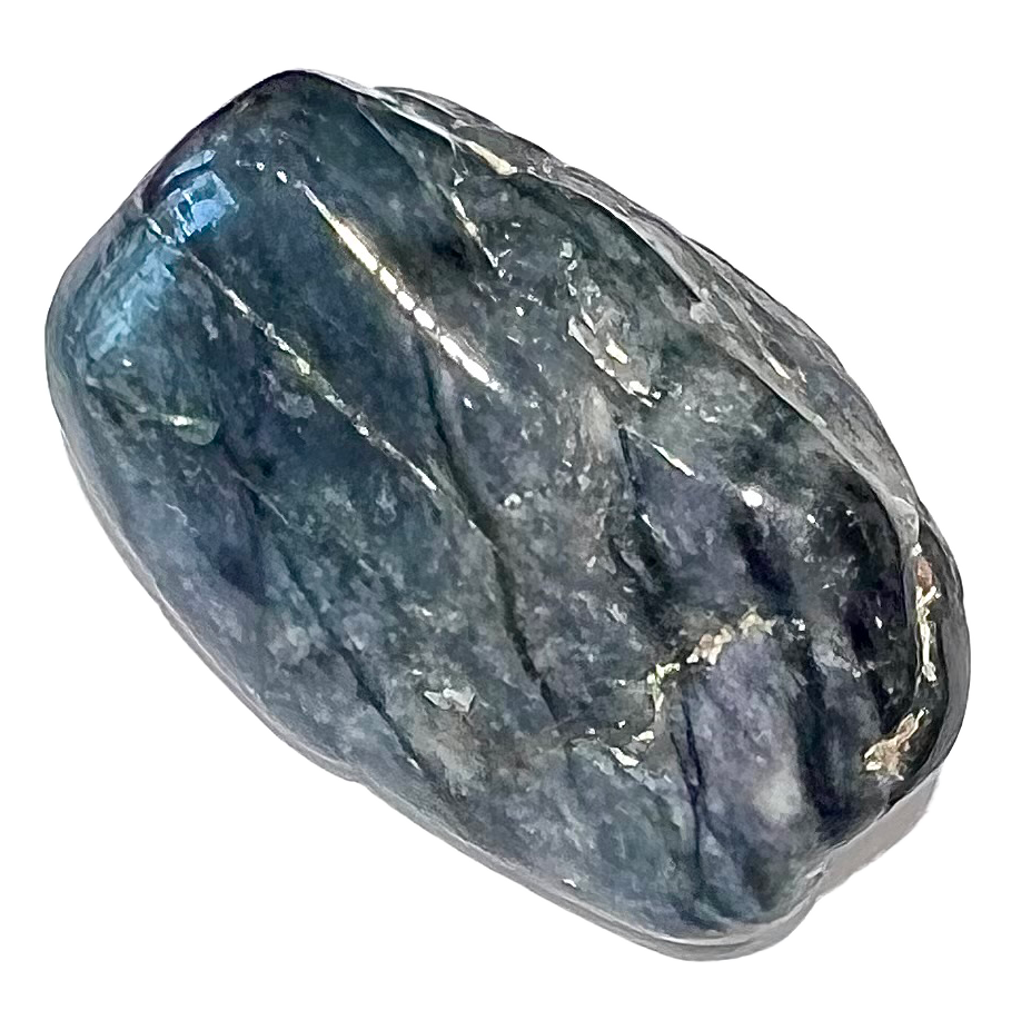 A tumbled blue iolite stone.  The stone is shimmery and dark blue with some translucency.