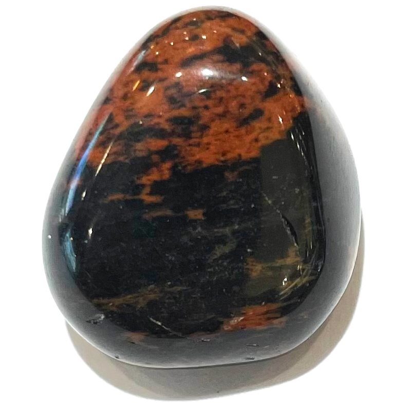 A tumble polished mahogany obsidian crystal.  The stone is black with chocolate brown.