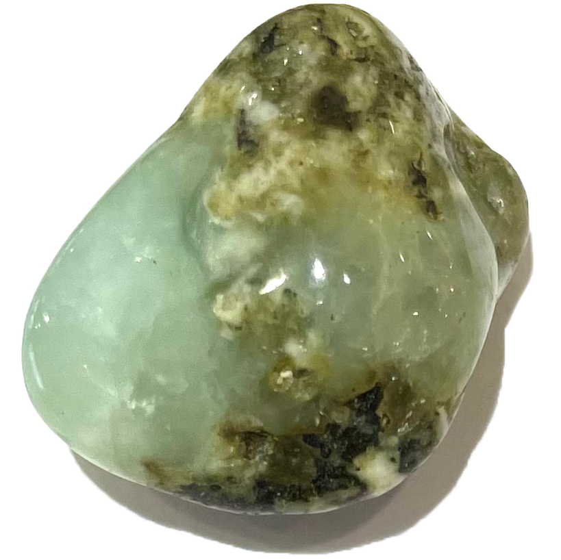 A tumbled green prehnite stone.  The matrix is gray and black.