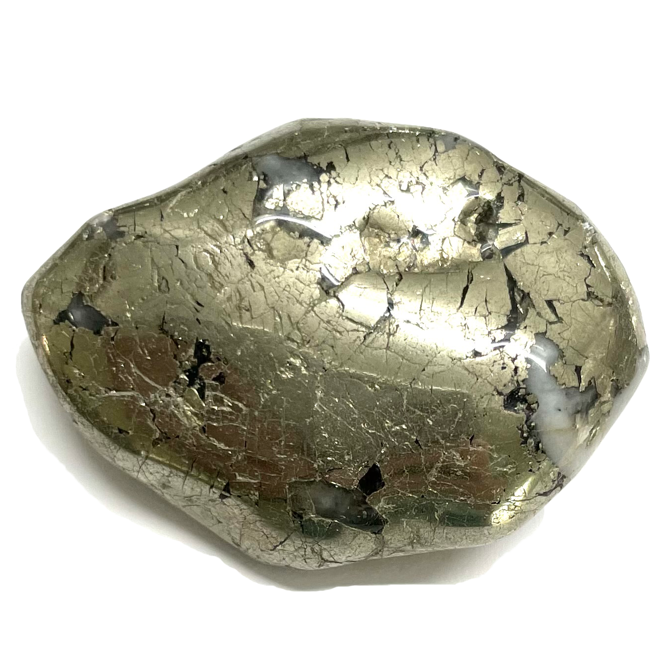 A tumbled pyrite stone.  White quartz inclusions are seen in areas of the stone.