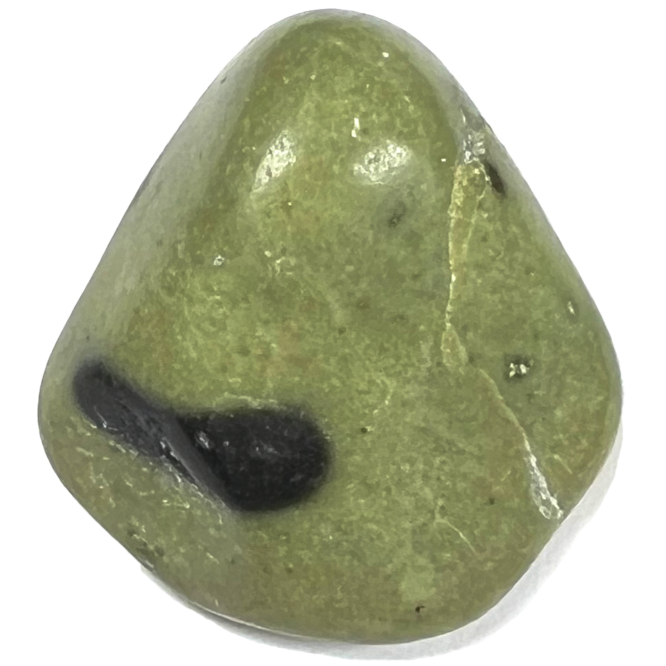 An olive green tumble-polished serpentine jade stone with a black spot.