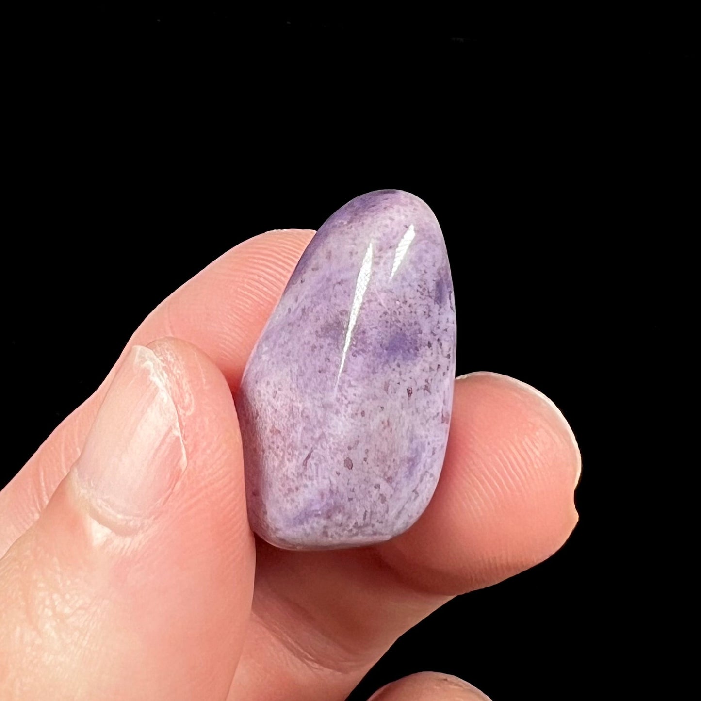 A tumble polished piece of speckled turkiyenite stone, also known as Turkish purple jade.