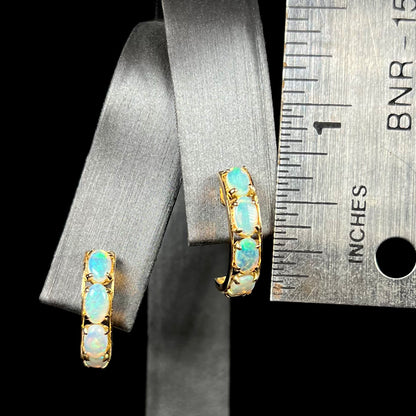 Gold opal semi-hoop earrings that measure two-thirds of an inch long shown on an earring display next to a ruler.