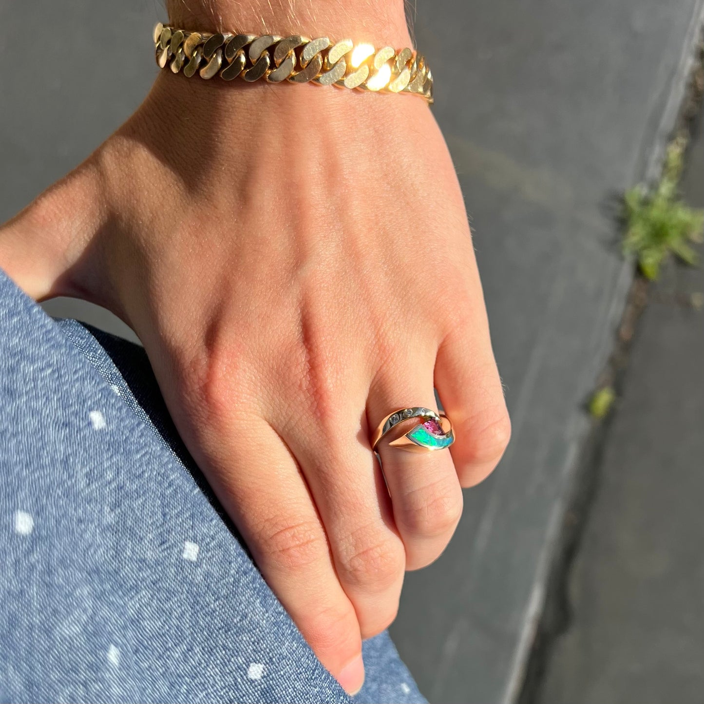 Libra | Retro Pink Tourmaline & Opal Inlay Ring in 14k Gold, c.1980's