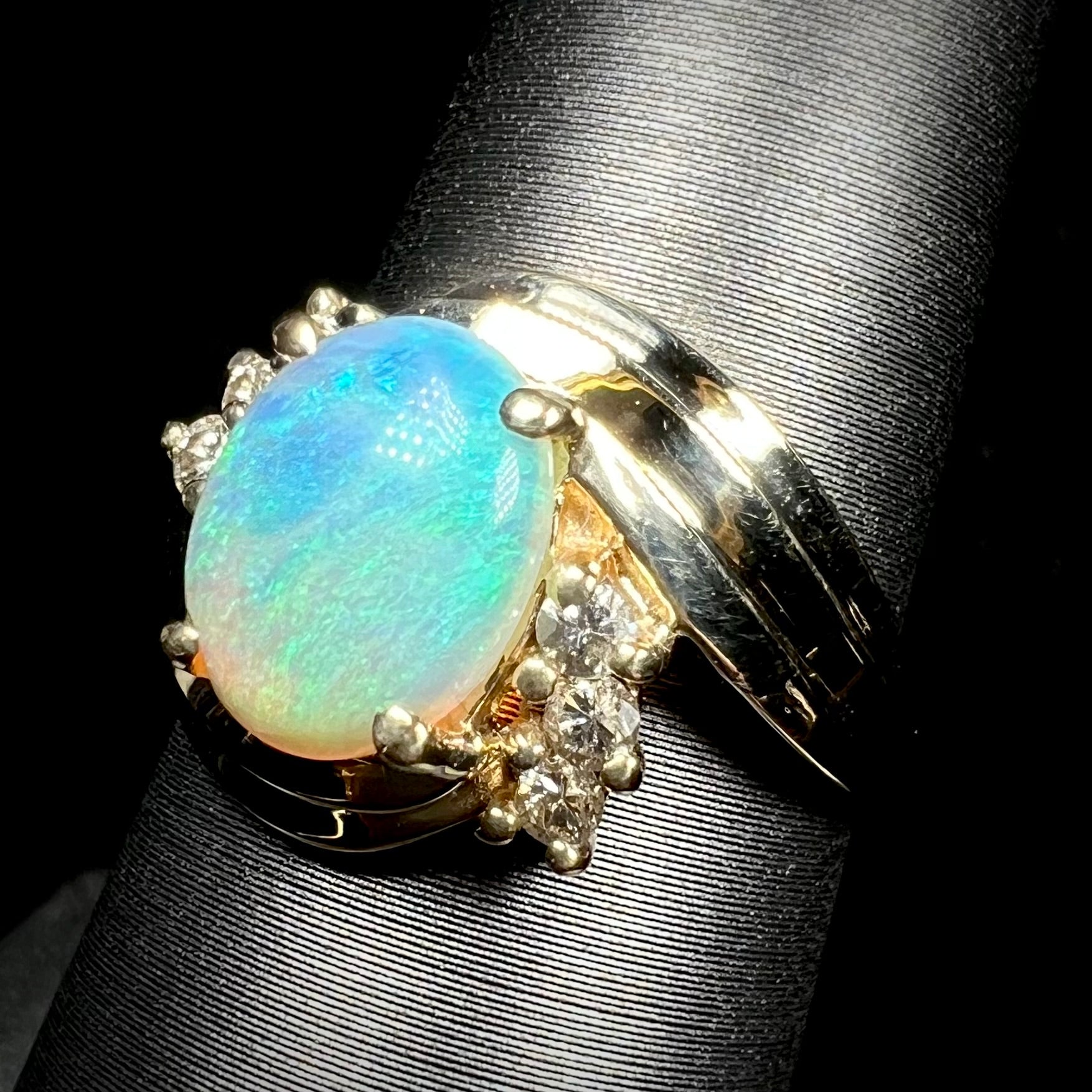 Vintage 1980s era Australian semi-crystal opal and six-stone diamond ring on ring display