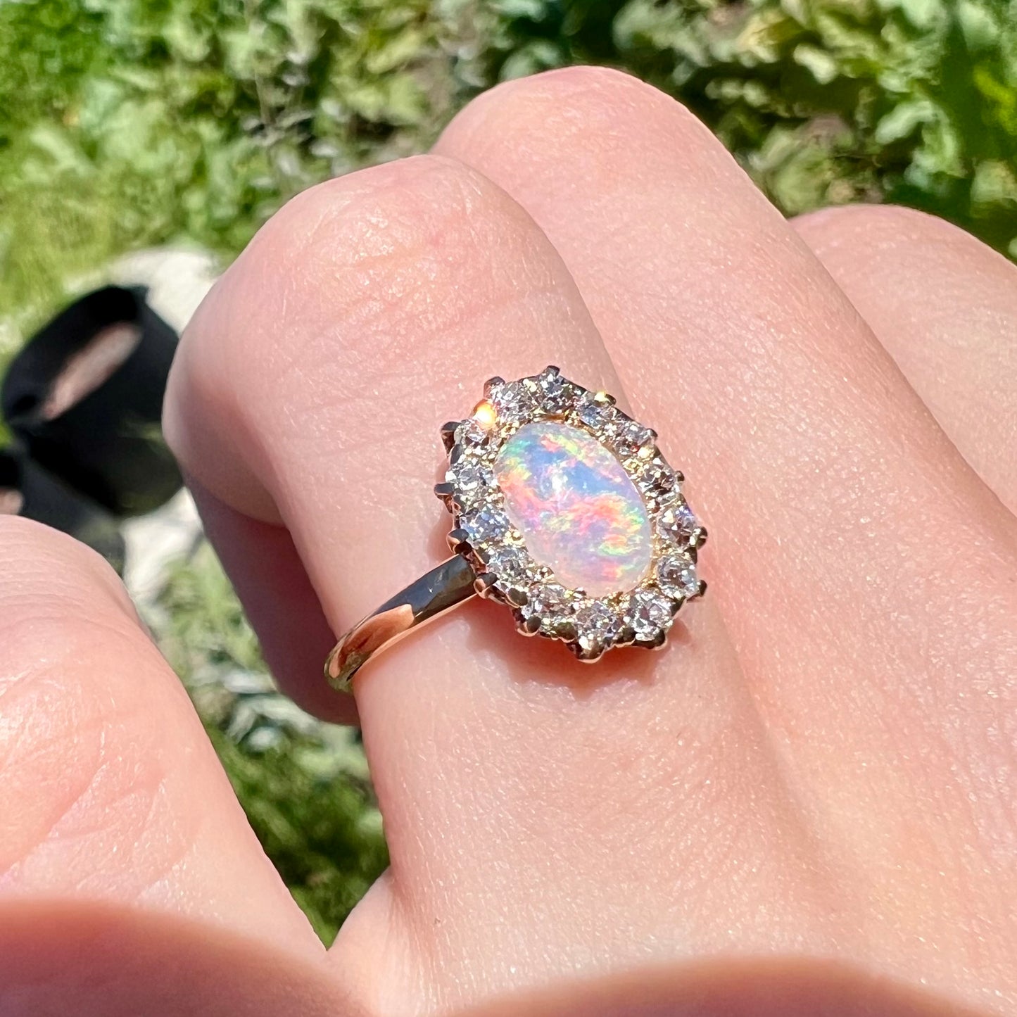 An Edwardian pink opal and diamond halo ring in the sunlight.  The Old European Cut diamonds sparkle.