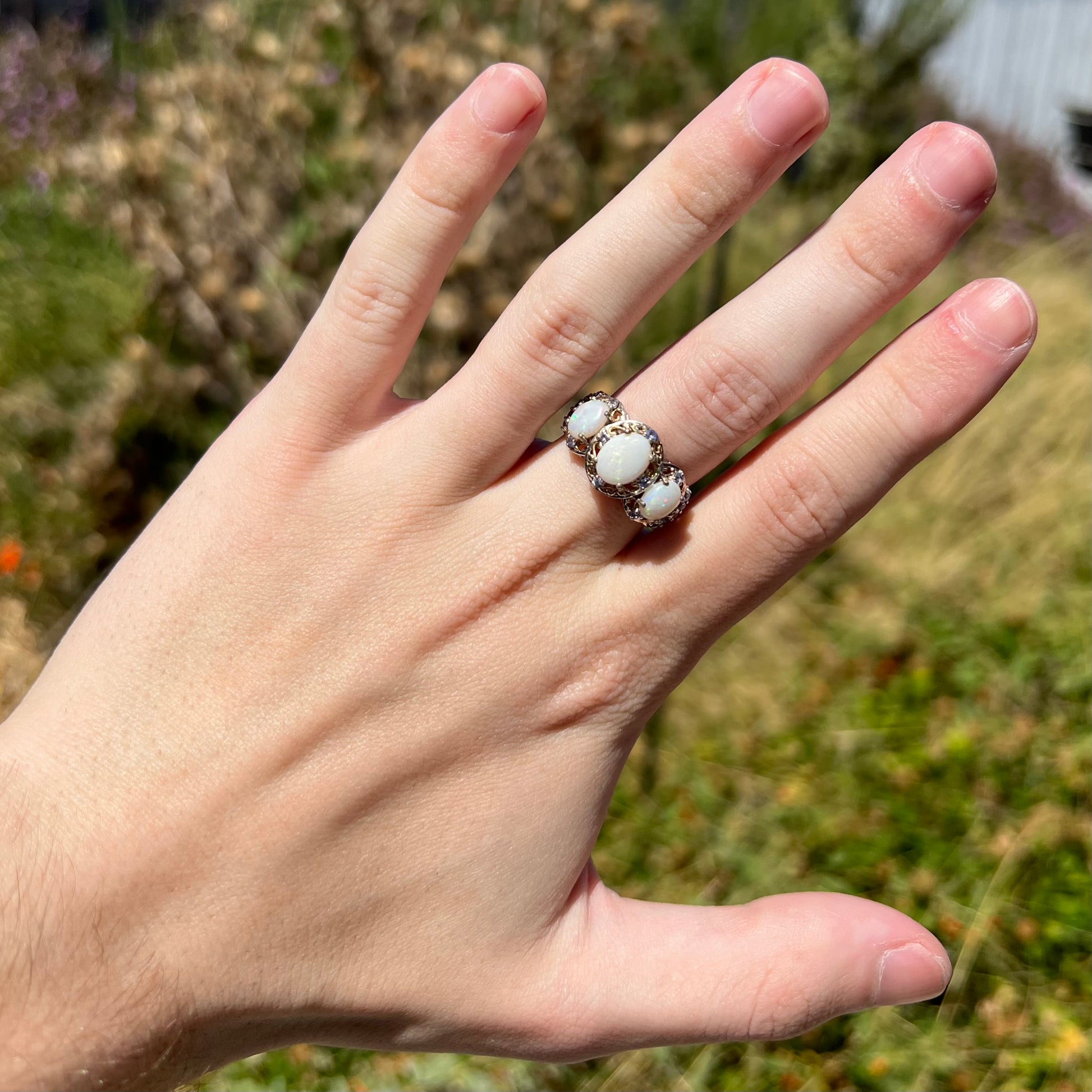 Hand wearing a three-stone white Australian opal ring with tanzanite accents in the sunlilght against a blurred green outdoor backdrop.