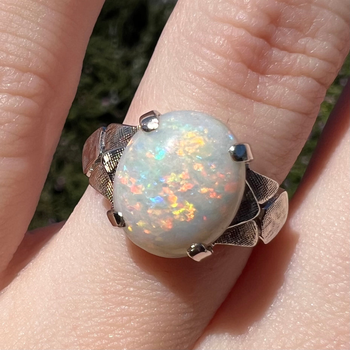 Close-up of a multicolor Australian opal ring with textured 14k white gold shoulders, worn on a finger in natural sunlight