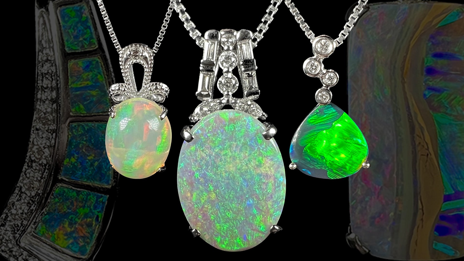 Three white gold opal and diamond pendants in front of a black background with two faded colorful white gold opal pendants bordering them.
