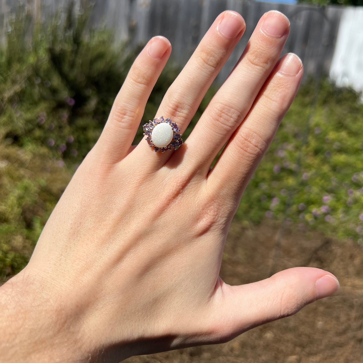 Sunlit hand wearing oval shaped Australian white opal ring with cluster of violet tanzanite accents against blurred outdoor background
