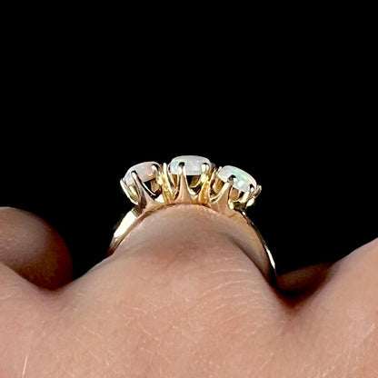 Dionne | Vintage Three-Stone Coober Pedy Opal Ring in 14kt Gold, c.1940's