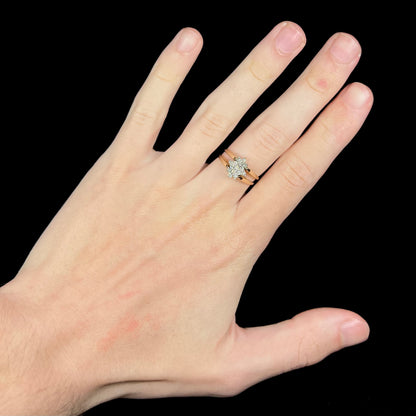 Vintage 1980s era 14k gold diamond cluster ring worn on hand