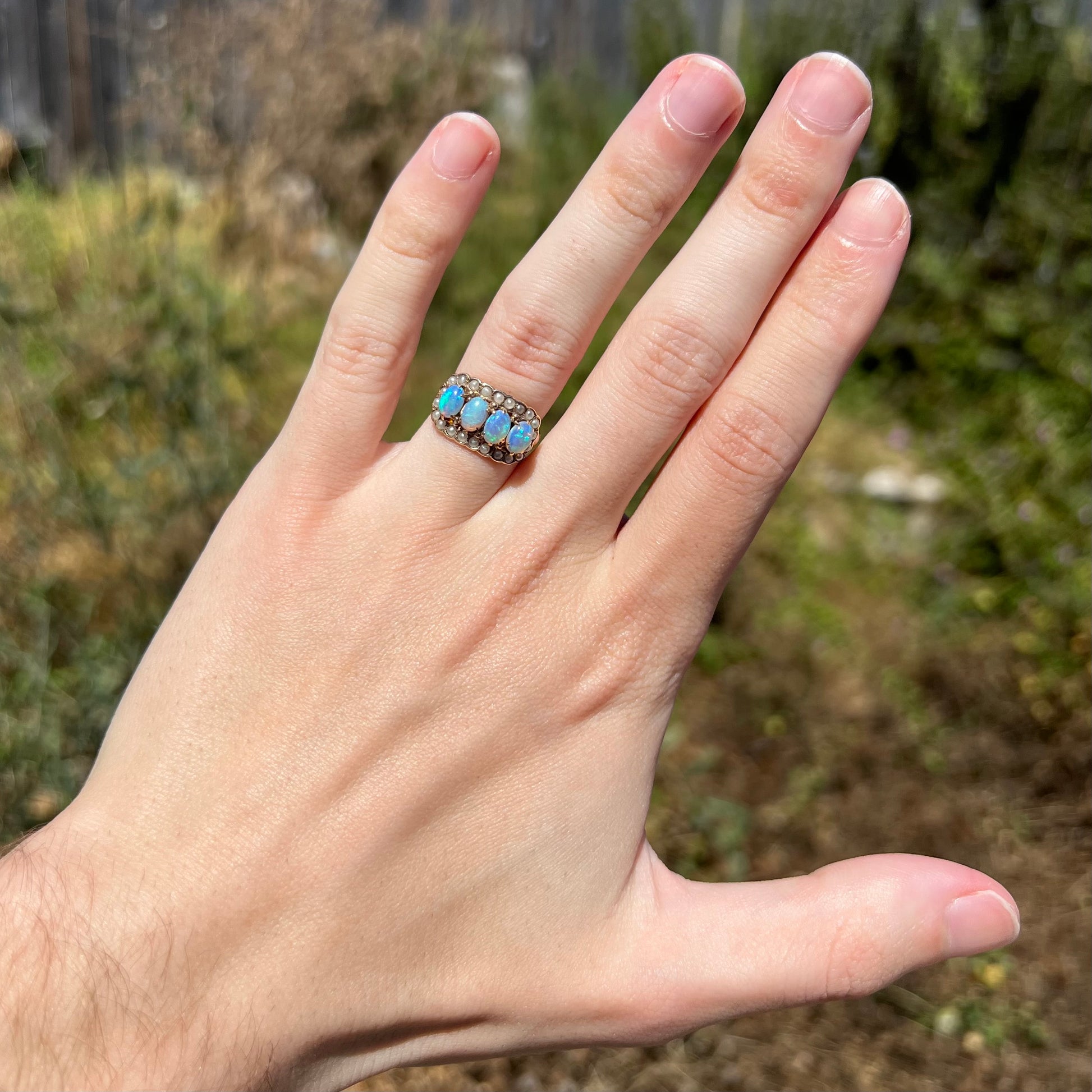 Hand wearing women's antique 1880s four-stone opal and seed pearl halo ring in natural sunlight