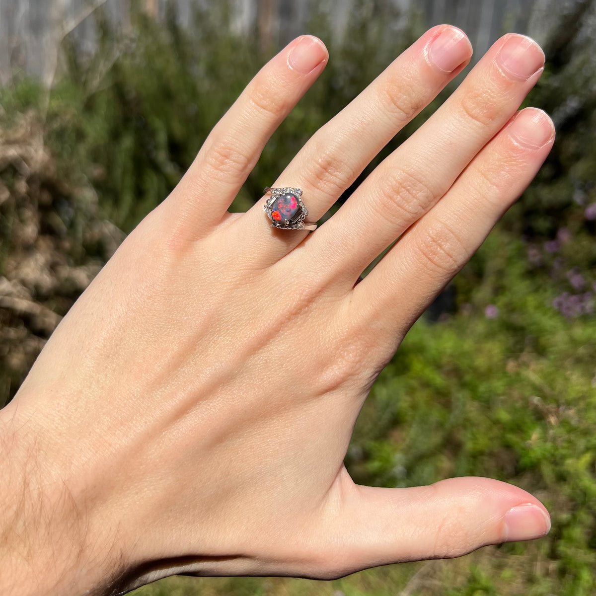 Hand wearing an Australian dark opal and diamond women's ring with vintage Japanese platinum design under natural sunlight.  The opal has bright red and magenta play-of-color.