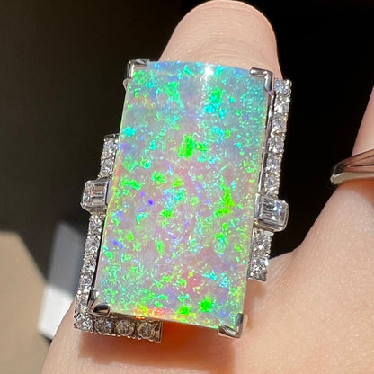 The Empress | Vintage Japanese 11.46ct Rectangular Australian Light Opal & Diamond Cocktail Ring in Platinum, c.1950s