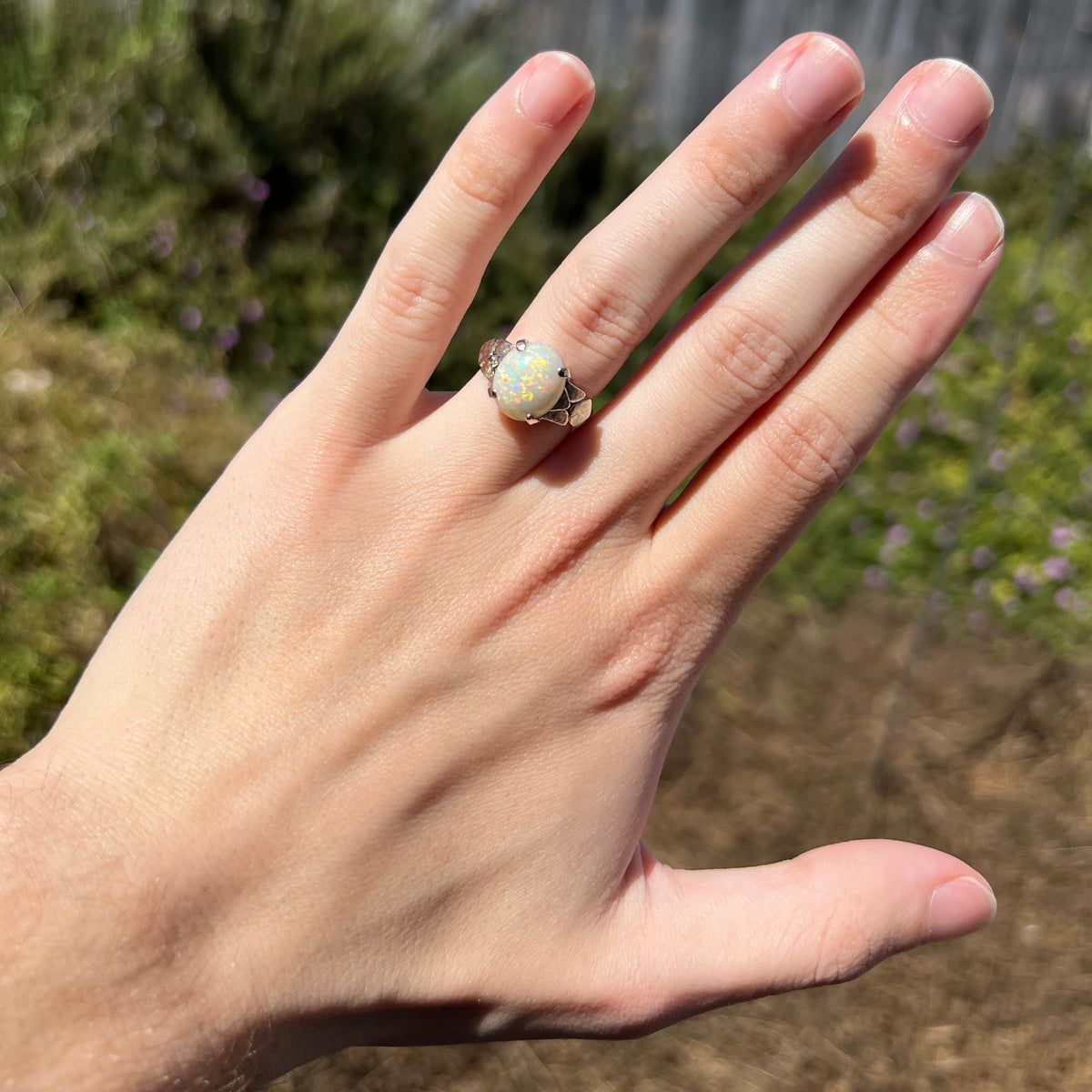 A sunlit hand wearing a 14k white gold Australian opal solitaire women's ring against a blurred outdoor backdrop