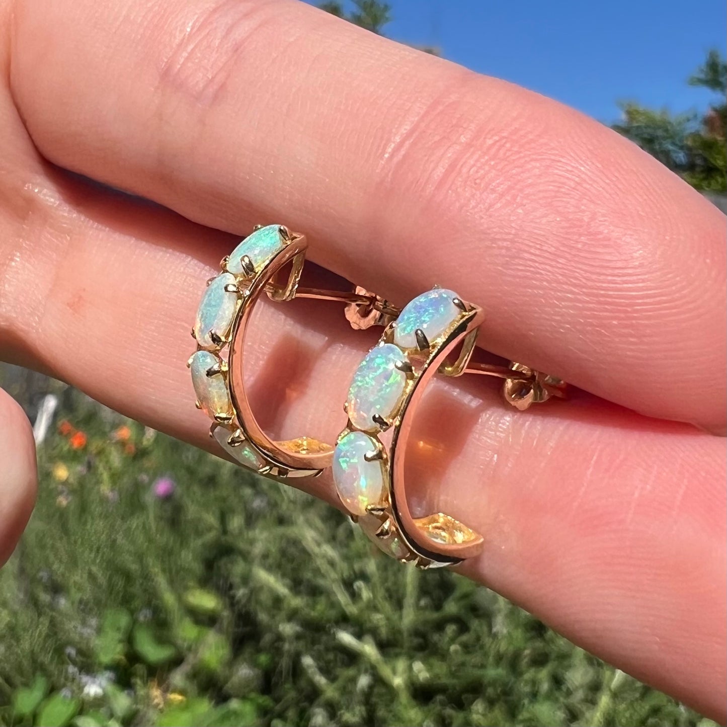 Pair of yellow gold opal hoop earrings shown from a close-up angle held between two fingers in sunlight against a blurred green background.