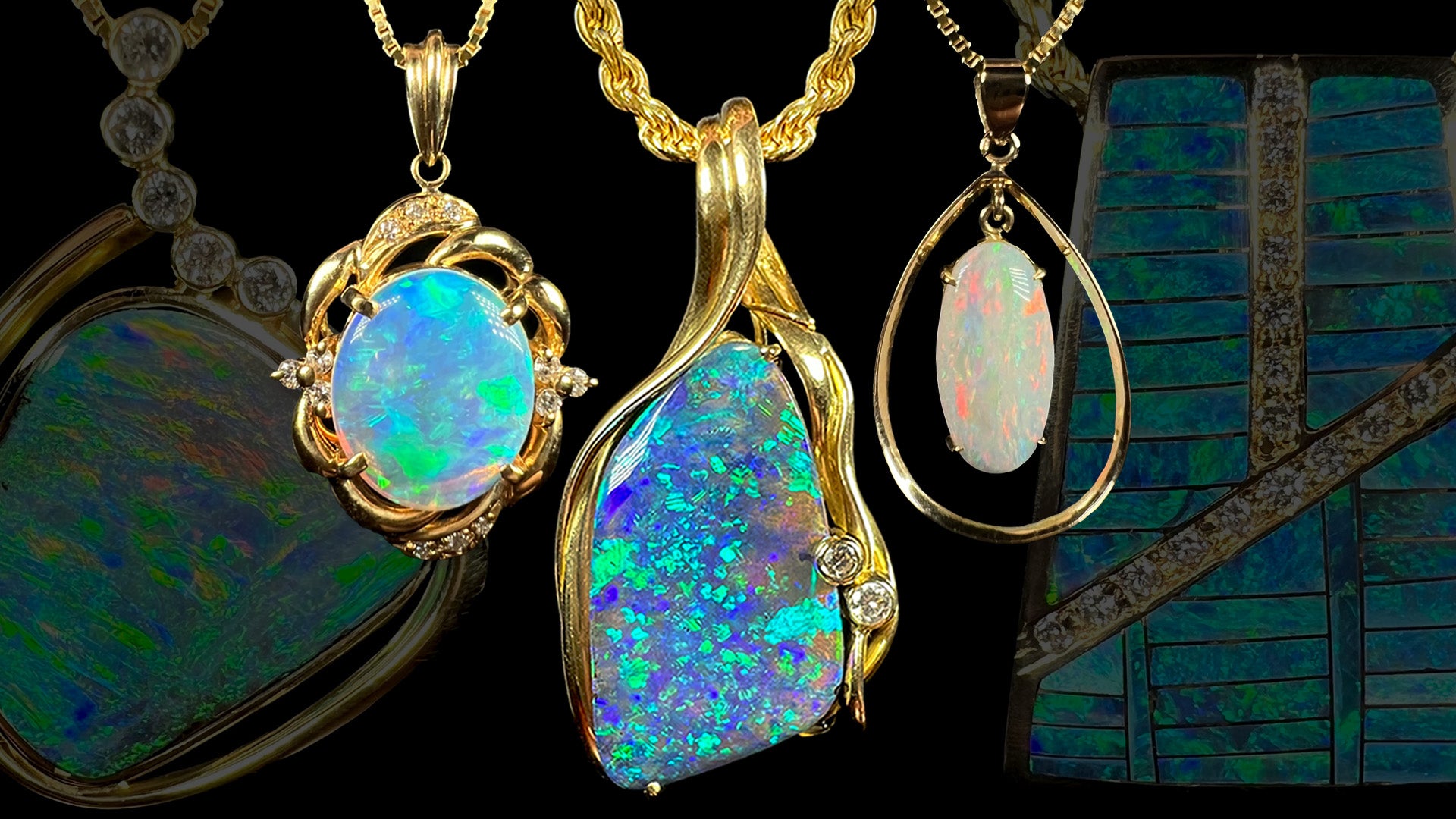 Three yellow gold Australian opal necklaces in front of dark background with two large, faded yellow gold opal pendants.